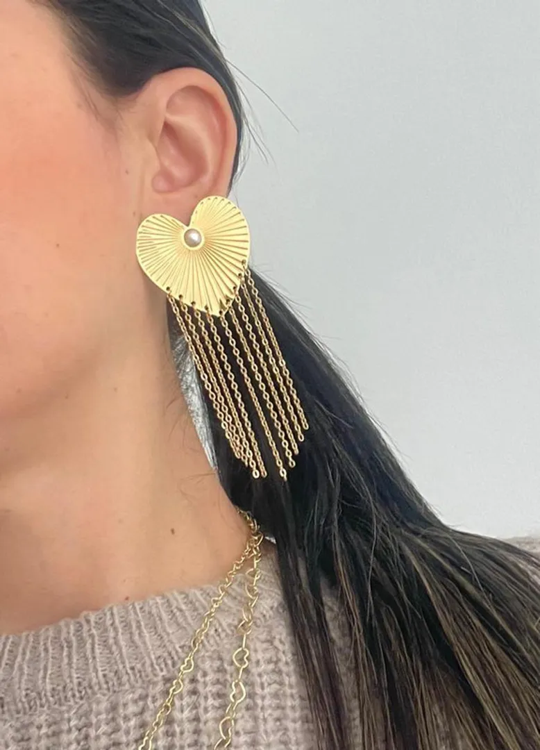 ARETE DE CORAZON CON PERLA Y CADENAS 