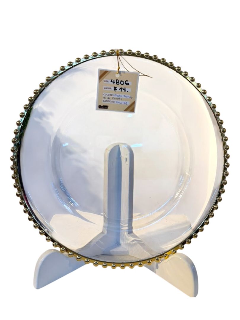 SOBREPLATO PLASTICO TRANSPARENTE BORDE DORADO