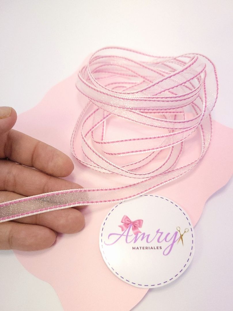 Organza 1cm Importada Blanca con Rosado 