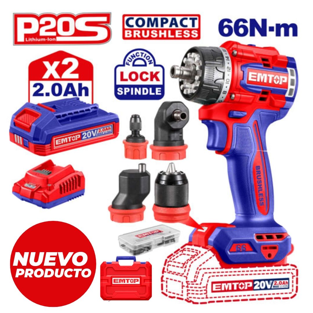 EMTOP TALADRO ATORNILLAD 1/2 MULTICABEZAL 66N-m BL INALAM 20V+2 BAT 2Ah+CARGADOR