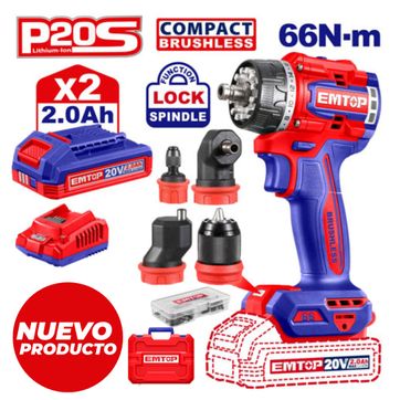 EMTOP TALADRO ATORNILLAD 1/2 MULTICABEZAL 66N-m BL INALAM 20V+2 BAT 2Ah+CARGADOR - imagen 1