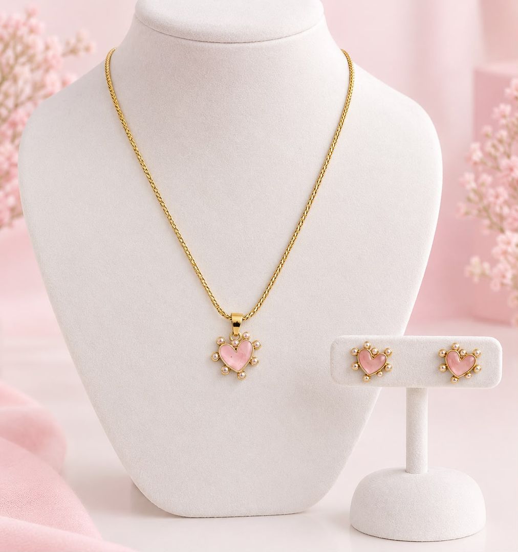 Set Collar dije y aretes Corazon Rosa