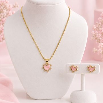 Imagen del producto Set Collar dije y aretes Corazon Rosa