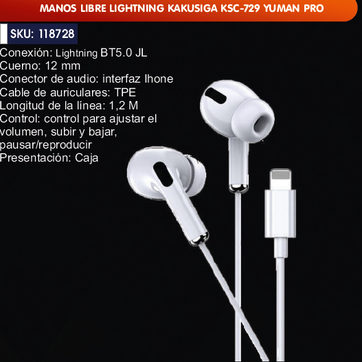 Imagen del producto MANOS LIBRE LIGHTNING KAKUSIGA KSC-729 YUMAN PRO