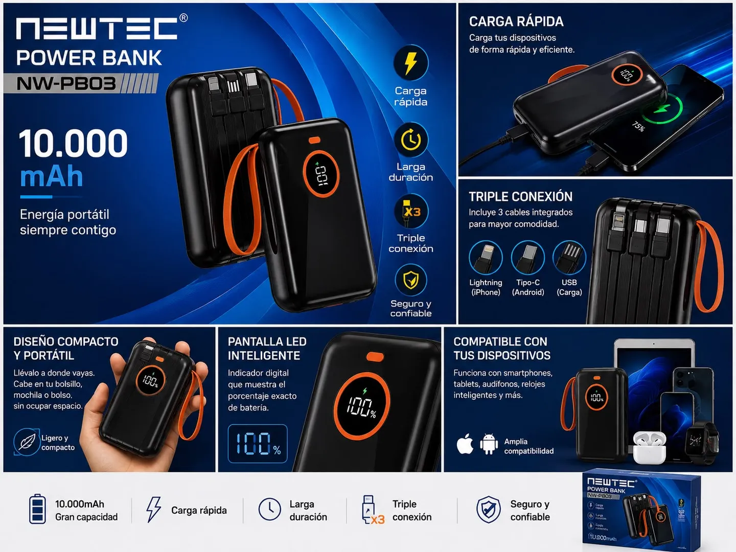 POWER BANK CARGA RAPIDA CON CABLES NW-PB03