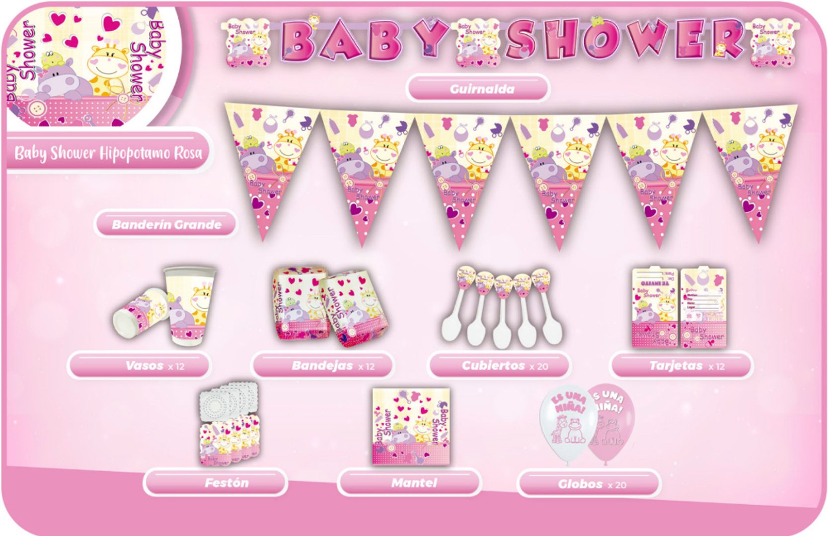 DECORACIÓN BABY SHOWER HIPOPÓTAMO ROSA 