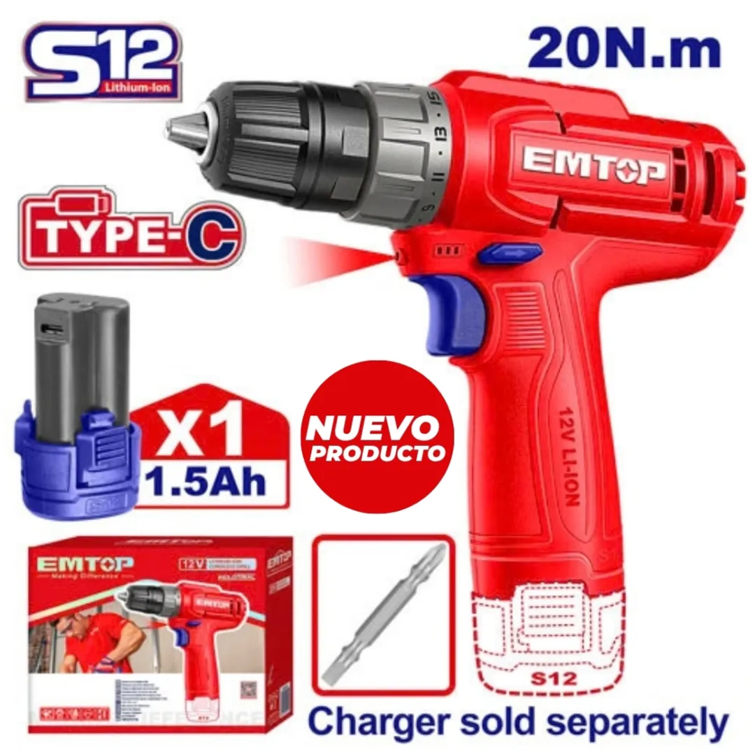 EMTOP TALADRO ATORNILLADOR 3/8 INALAM 12V+1 BATERIA 1.5Ah CARGA TIPO C