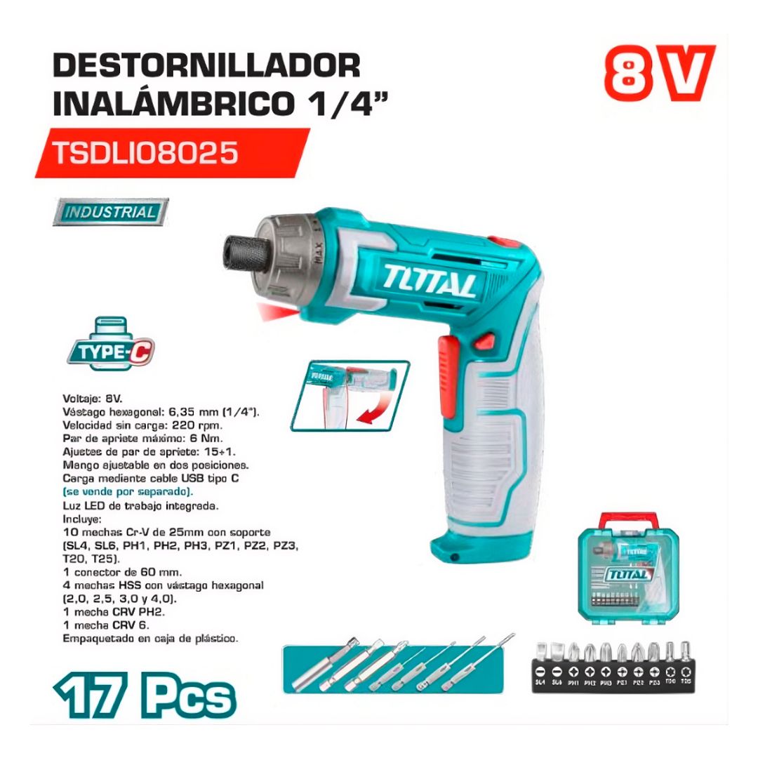 DESTORNILLADOR INALAMBRICO 8V 6 NM  INCLUYE 17 PIEZAS