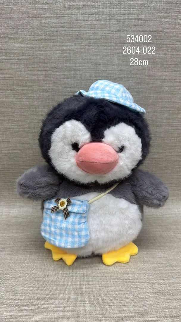 PINGUINO CON SOMBRERO Y BOLSO  AZUL DE 28 CM