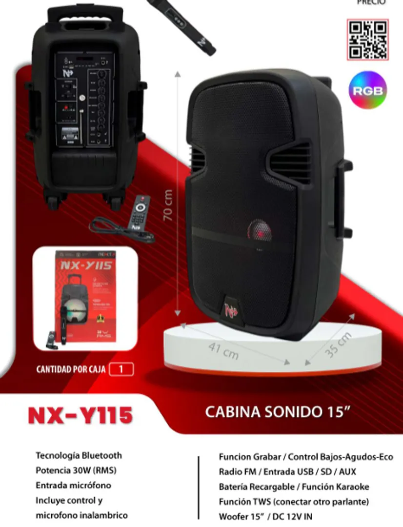CABINA PARLANTE DE 15 PULGADAS RECARGABLE LUCES LED NX-Y115