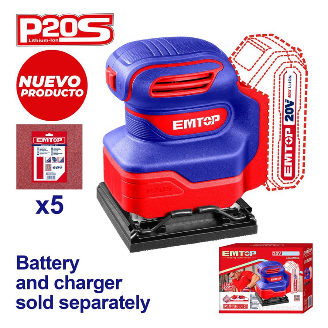 EMTOP LIJADORA PALMA INALAM 20V BASE 4-3/8"x4" + 5 LIJAS NO INCLUYE BATERIA NI CARGADOR SUPER EMTOP