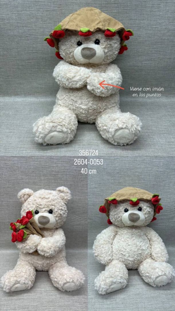 OSO BEIGE CON SOMBRERO DE FLORES COMVERTIBLE 40 CM