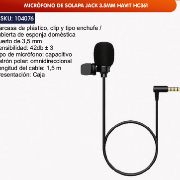 Imagen del producto MICRÓFONO DE SOLAPA JACK 3.5MM HAVIT HC361