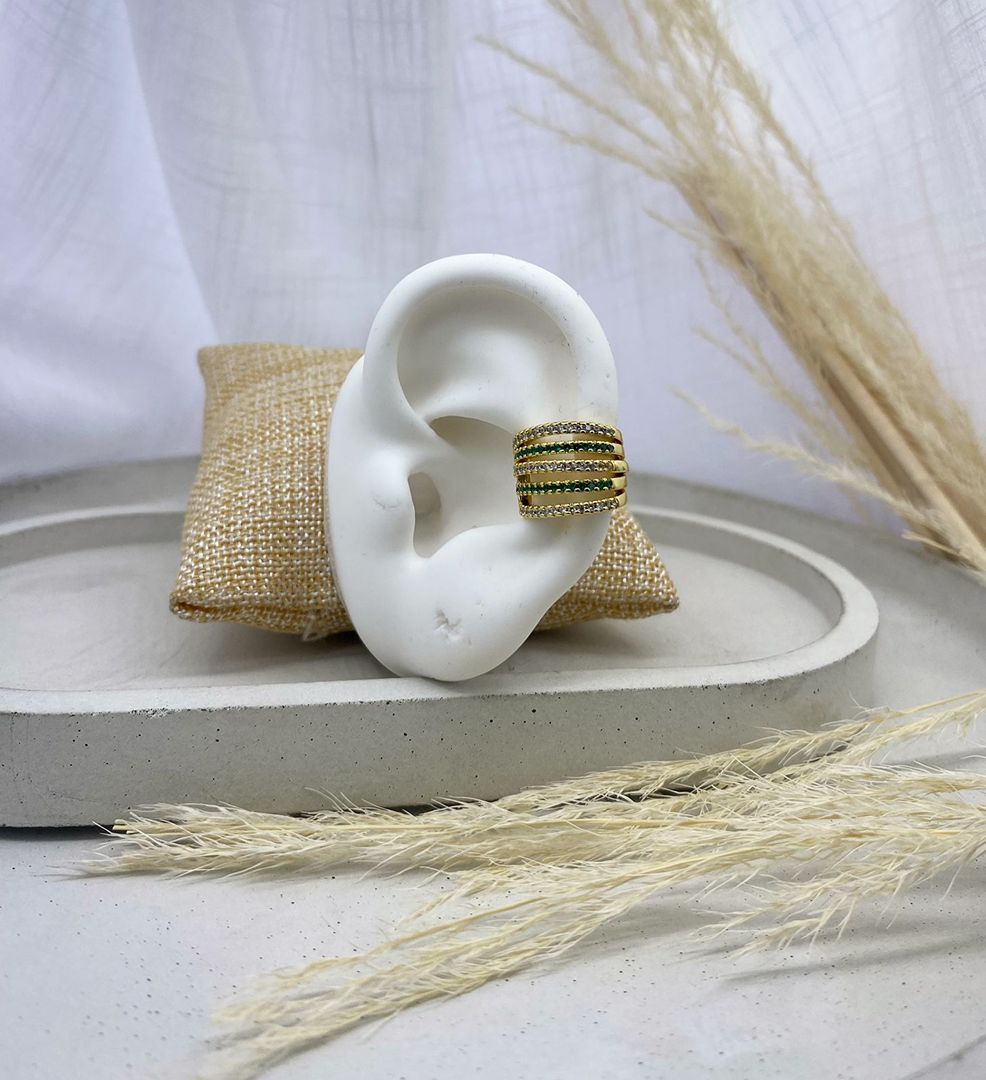 Earcuff dorado, líneas verdes, covergold 