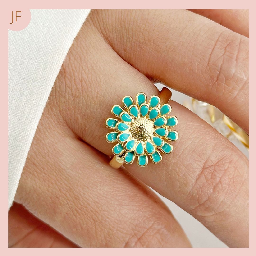 Anillo Ajustable Flor Verde Turquesa