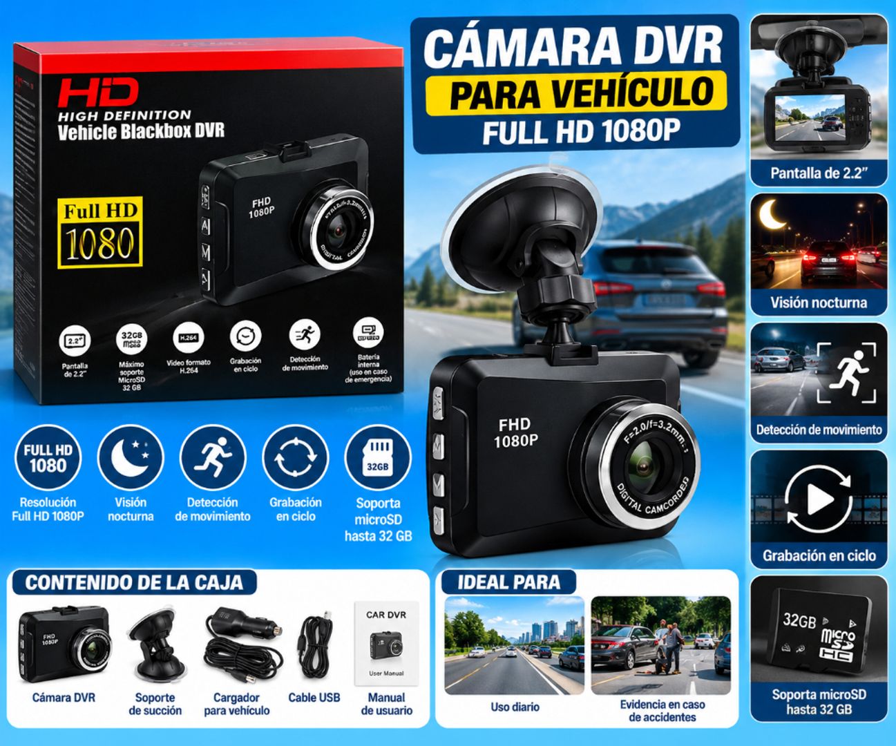 Cámara DVR para vehículo – Full HD 1080P