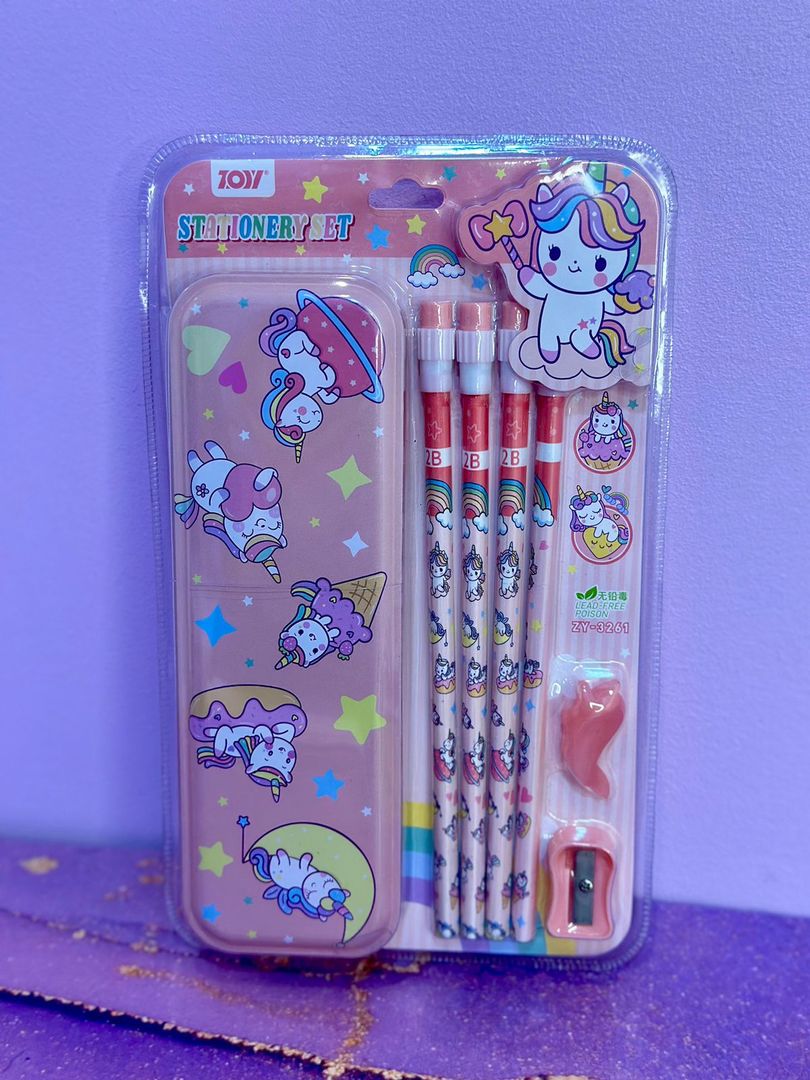 Set de cartuchera y lapices unicornio 