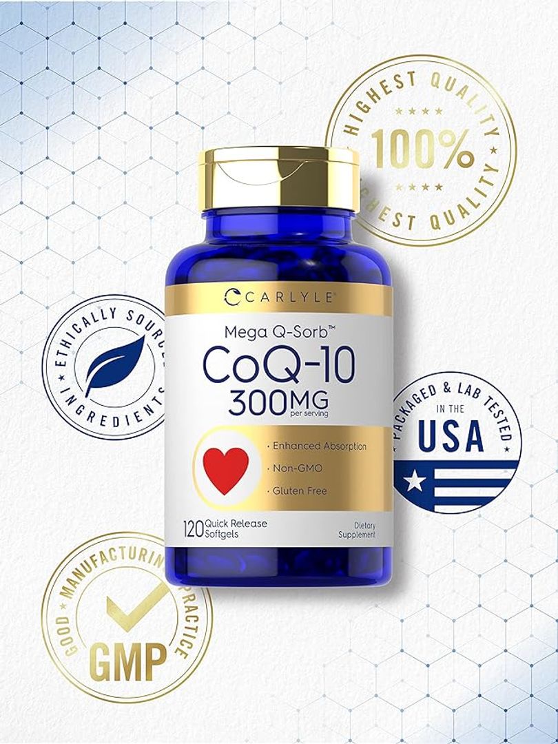 CoQ10 300mg 120 cápsulas blandas Mega Q-Sorb Coenzyme Q10 con extracto de pimienta negra CARLYLE
