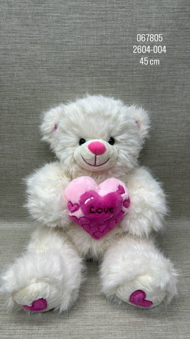 OSO BLANCO CON CORAZON BORDADO (FUCSIA) 45 CM 