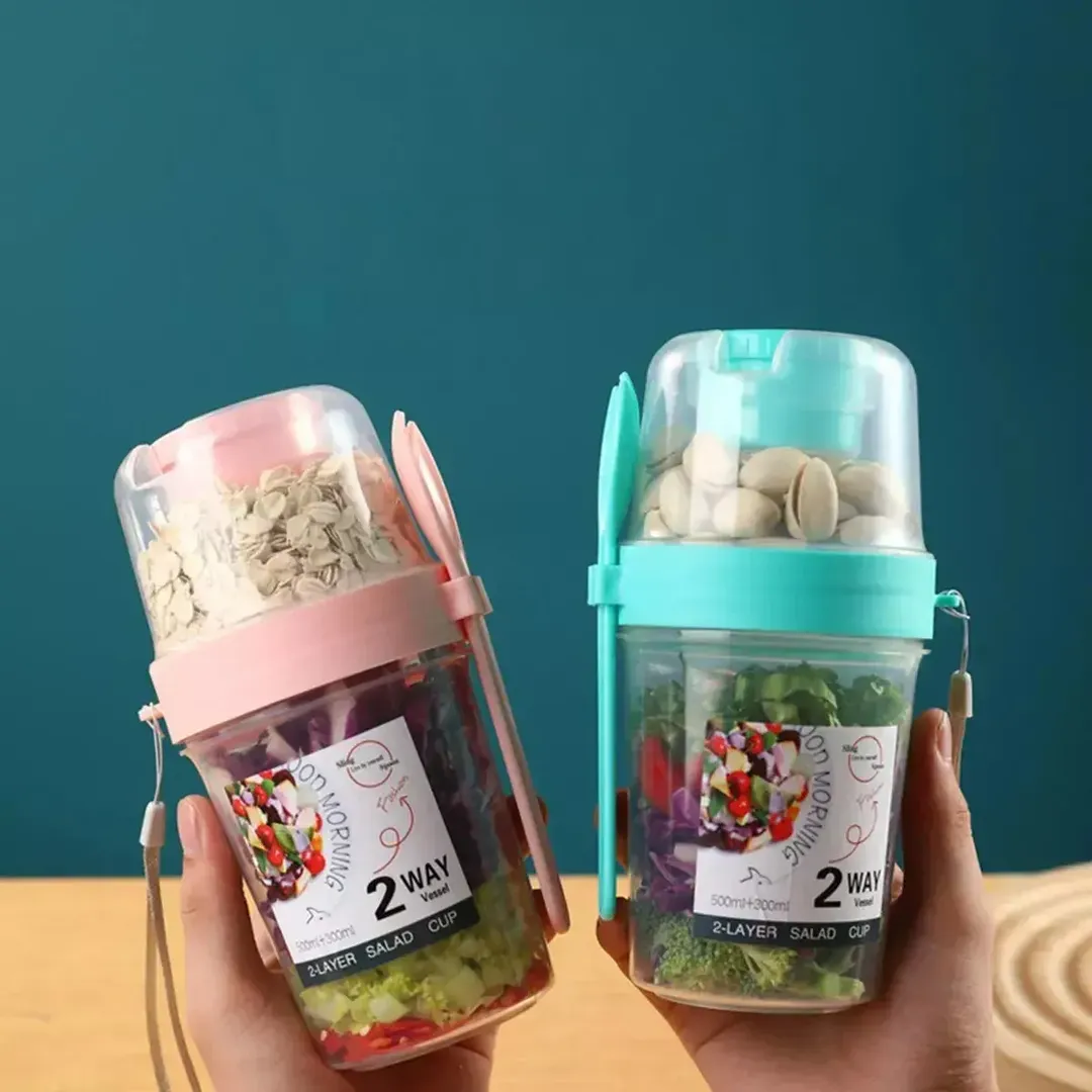 VASO DE CEREAL RECIPIENTE DOBLE TAPA CON CUCHARA