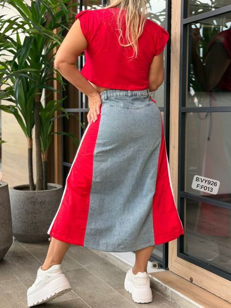 FALDA HIBRIDA DENIM RAYAS F013 en Negro — foto 3