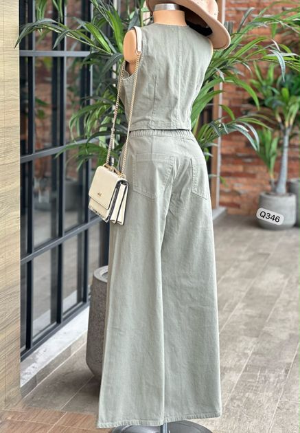 SET DENIM BLUSA CIERRE Y PANTALON RESORTE CINTURA Q346 en Beige — foto 4