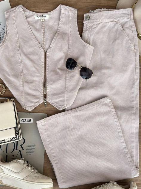 SET DENIM BLUSA CIERRE Y PANTALON RESORTE CINTURA Q346 en Beige — foto 5