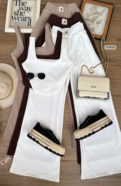 SET RIB BLUSA TIRAS Y PANTALON PRENCES VY619 en CAFE — foto 3
