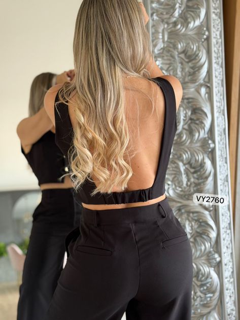 SET BLUSA CORTA Y PANTALON VY2760 en Negro — foto 7
