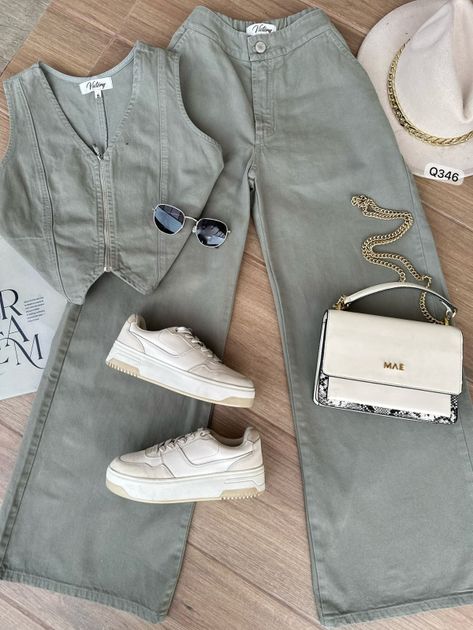 SET DENIM BLUSA CIERRE Y PANTALON RESORTE CINTURA Q346 en Beige — foto 3