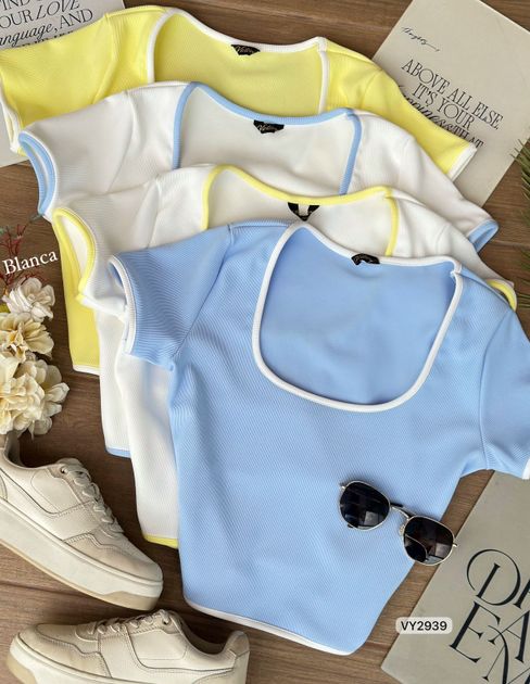 BLUSA CORTA MANGA CORTA RIB CON SESGOS VY2939