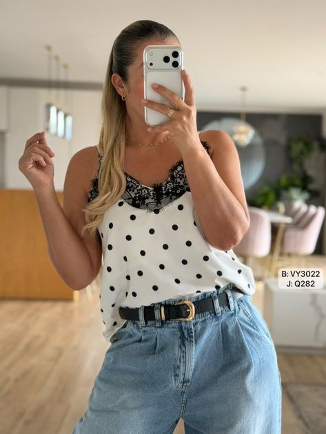 BLUSA TIRAS LUNARES Y BLONDA CUELLO VY3022