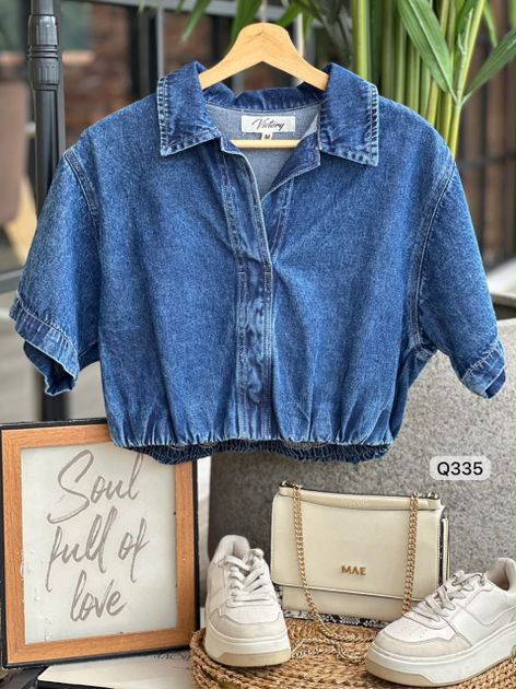 BLUSA DENIM CUELLO RESORTE CINTURA Q335