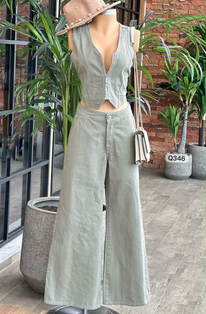 SET DENIM BLUSA CIERRE Y PANTALON RESORTE CINTURA Q346