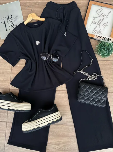 SET RIB PANTALON Y BLUSA APLIQUE CARA FELIZ VY3041 en CAFE — foto 5