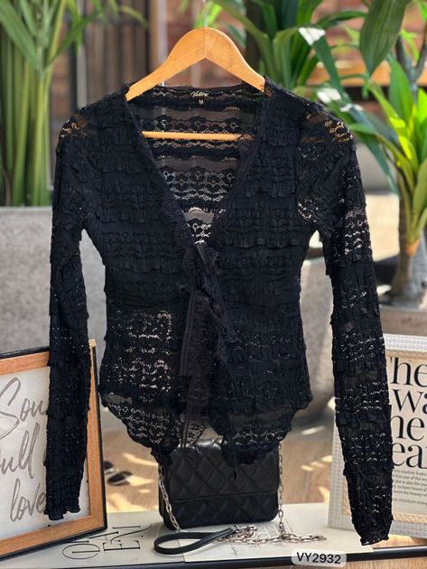 BLUSA MANGA LARGA ABIERTA ADELANTE AMARRAR BLONDA VY2932 en Negro — foto 3