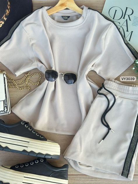SET RIB CAMISETA Y SHORT HILADILLA CON PIEDRAS VY3039 en CAMEL — foto 3