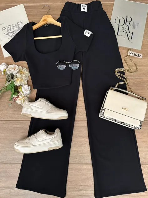 SET RIB BLUSA CUELLO CUADRADO Y PANTALON CON APLIQUE VY3037