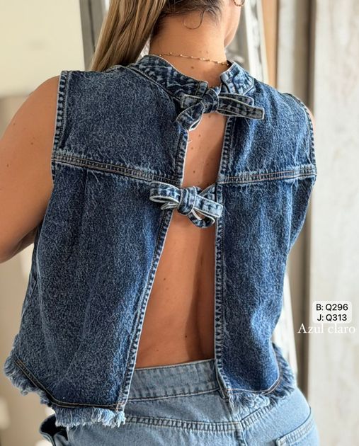BLUSA DENIM CORTA MOÑOS ESPALDA Q296 en Azul claro — foto 4