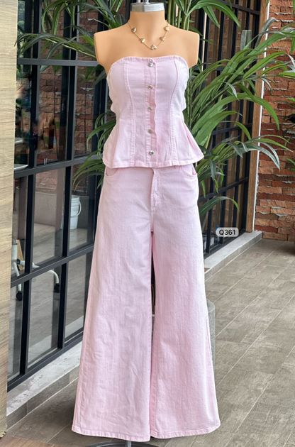 SET DENIM BLUSA ESTRAPLE  AMARRA ESPALDA Y PANTALON Q361