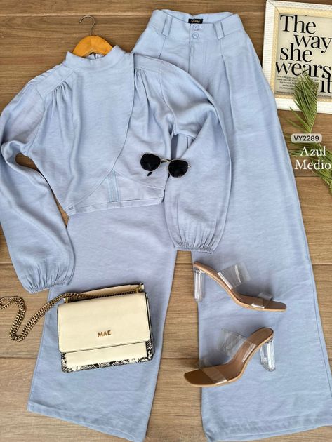 SET PANTALON Y BLUSA ASIMETRICA VY2289 en Azul claro — foto 6