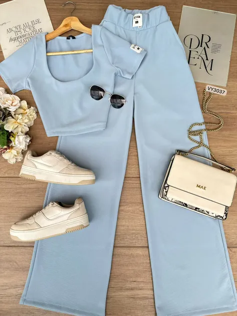 SET RIB BLUSA CUELLO CUADRADO Y PANTALON CON APLIQUE VY3037 en Azul medio — foto 3